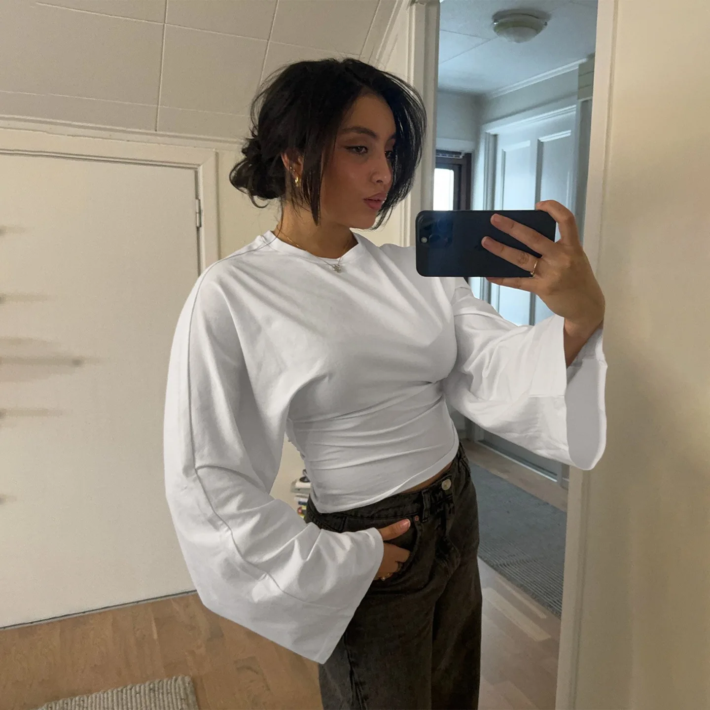 Elegante Effen Losse Basic Crop Tops Mode Vrouwen Geplooide O-hals Herfst Lange Mouw T-shirts Casual Pendelen 2025 Truien Tees