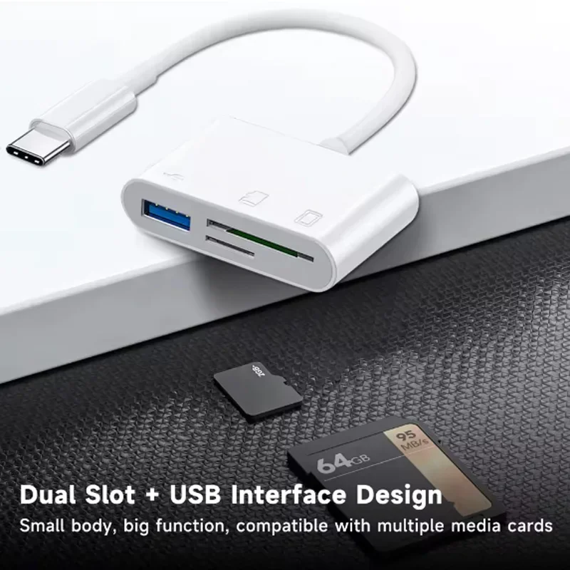 USB C 3-in-1 Card Reader Cable, Type-C to SD/TF Card & OTG Converter Cable for Laptop, Phone, Tablet