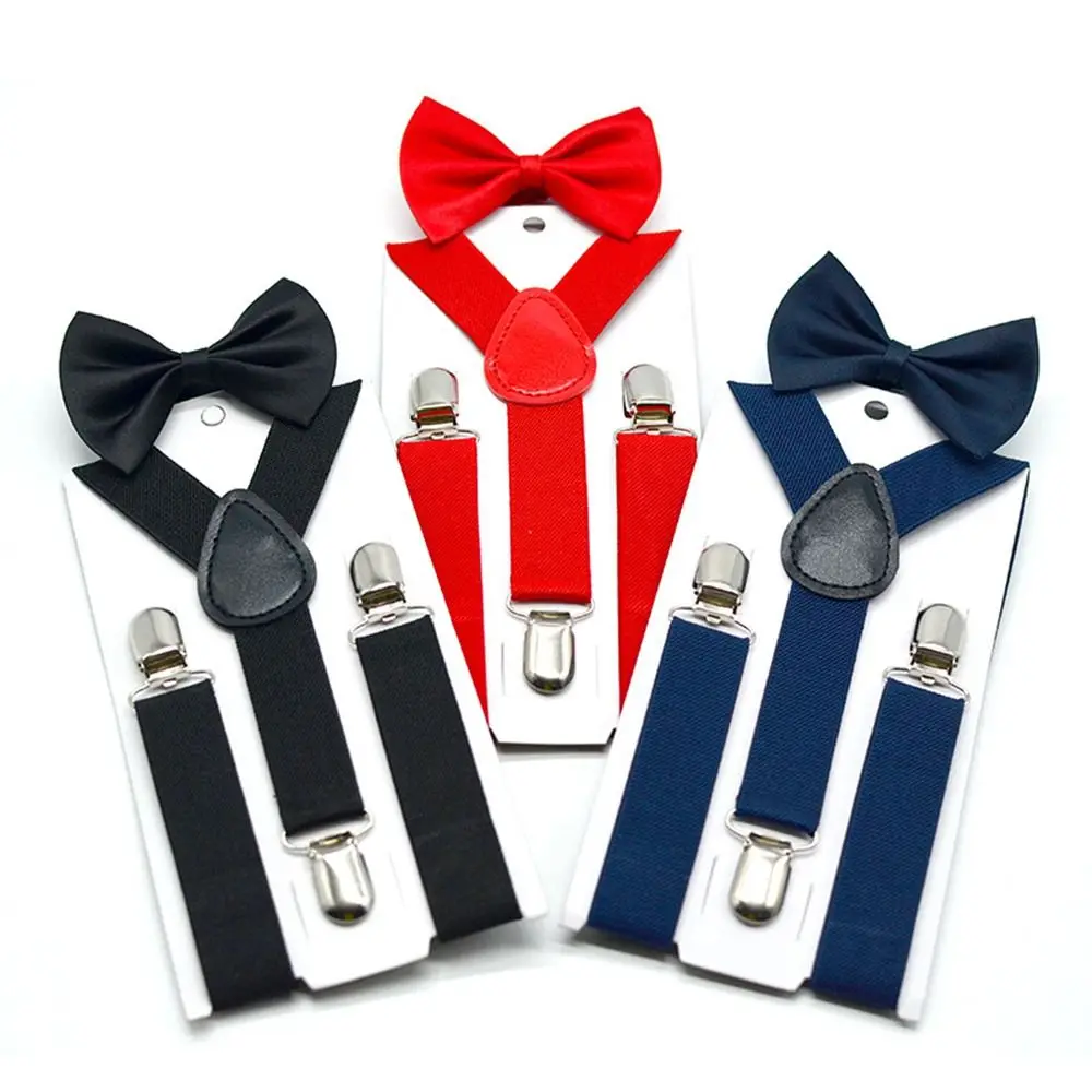 คลิปสายรัดปรับได้สําหรับสาวสําหรับเด็กสีทึบ Tie Suspenders ชุด Bow Tie Suspenders คลิปแขวนกางเกงคลิป