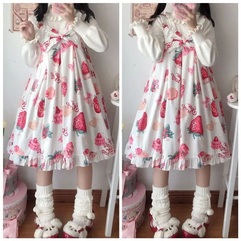 

Lolita Sweet 2024 Summer New Women's Slip Sleeveless Patchwork Ruffles Printing Strawberry Bow Fashion Casual Loose Long Dress