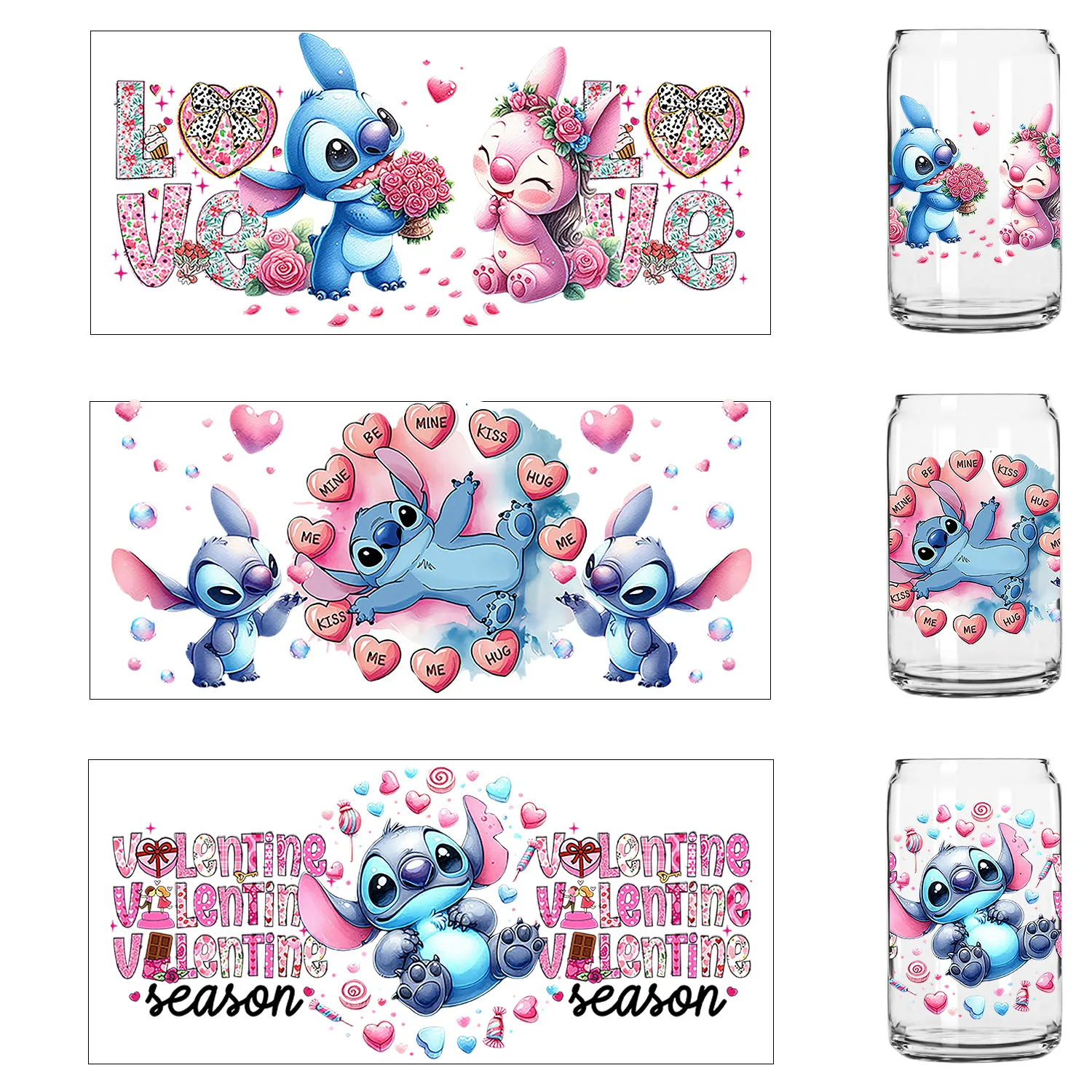 

Valentine's Day stitch XOXO Easy peel waterproof DIY Decals 3D transfers uvdtf stickers 16oz uv dtf tumbler cup wraps sticker