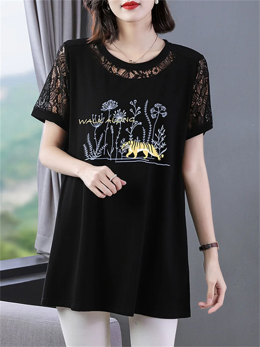 

6XL Women Spring Summer Blouses Shirts Lady Fashion Casual Short Sleeve O-Neck Collar Sexy Lace Printing Blusas Tops TT2316