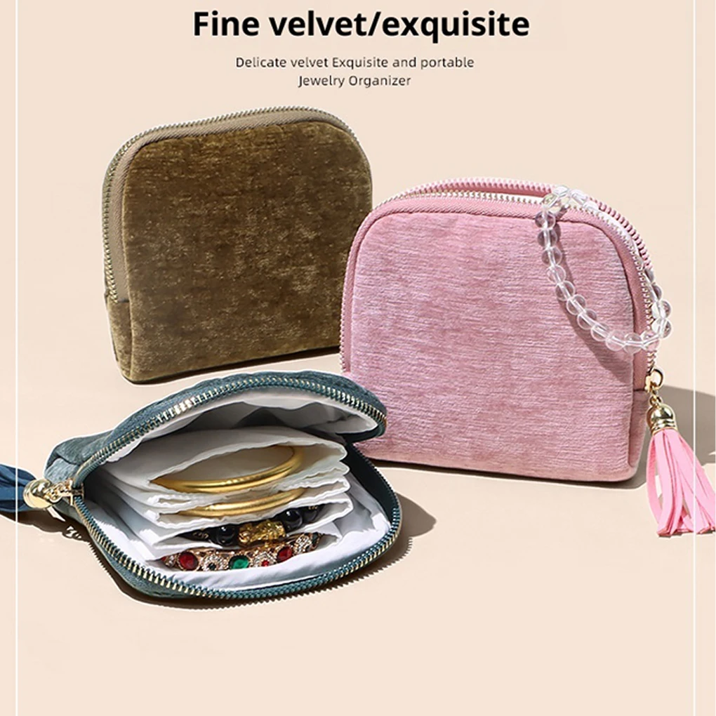 حقيبة تخزين المجوهرات مكونة من 5 طبقات، أكياس مجوهرات مخملية لساعة سوار وخواتم وحلق كريستال، حقيبة مجوهرات محمولة للسفر #4