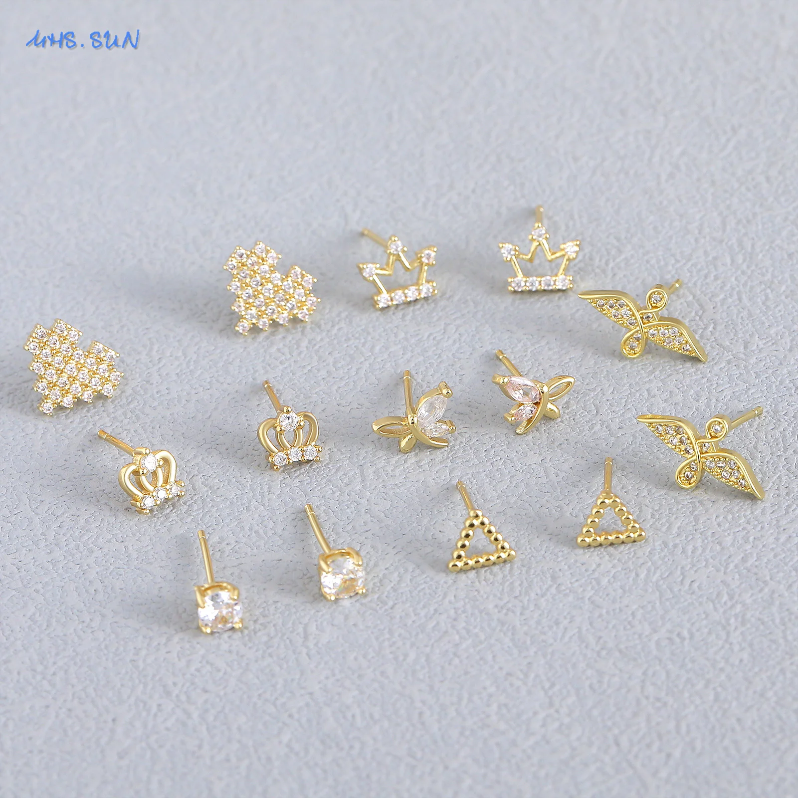 MHS anting-anting kancing kupu-kupu/pohon hidup zirkon kecil matahari untuk wanita hadiah perhiasan anting-anting geometris berlapis emas baru