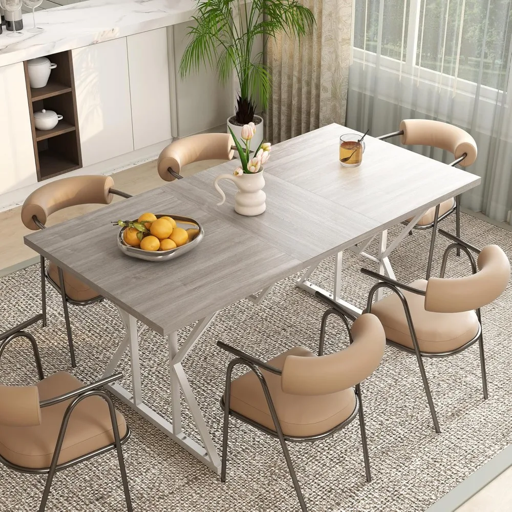 

47"-63" Expandable Dining Table for 4-6 People, Farmhouse Extendable Dining Room Table with Heavy Duty Metal Trestle Base, Rect