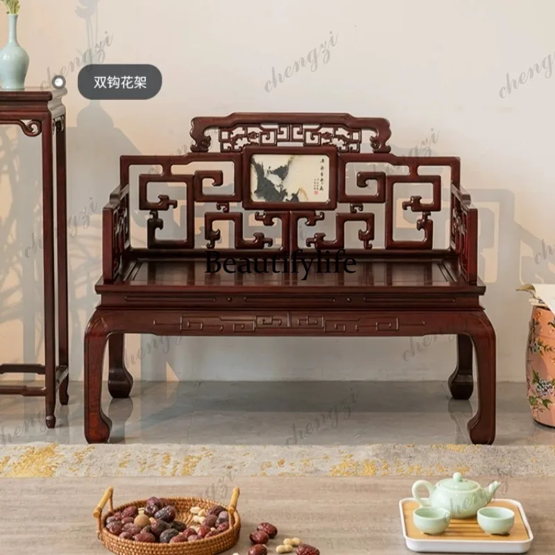 New Chinese mahogany marble double chair Ming style zen chair natural solid wood leisure chair