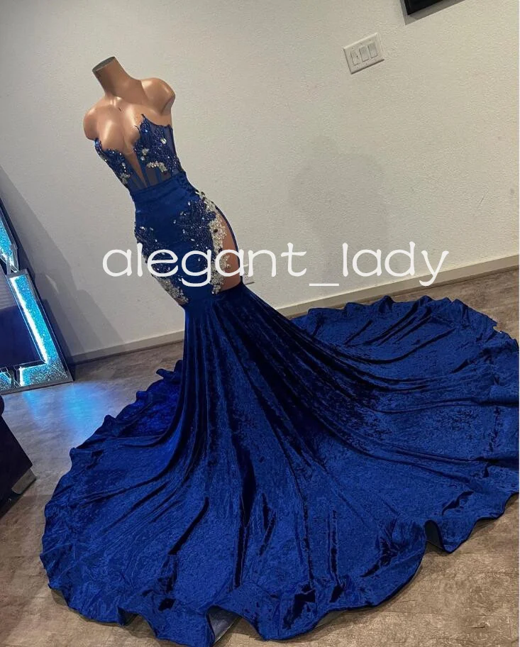 

King Blue Velvet African Prom Dreses for Women Luxury Crystal Boning Corset Two Pieces Evening Ceremony Gown vestido de festa