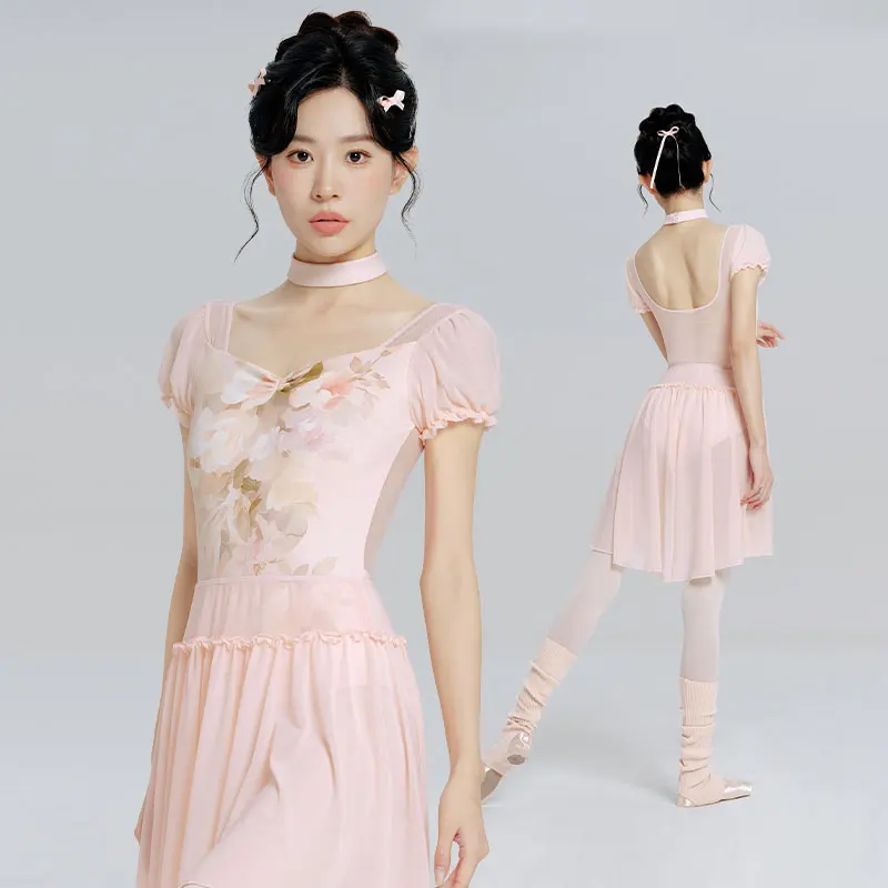 Woman Ballet Leotards Floral Printing Dance Leotards Nylon Mesh Splice Puff Sleeve Ballet Bodysuit Adult Gymnastics Leotard