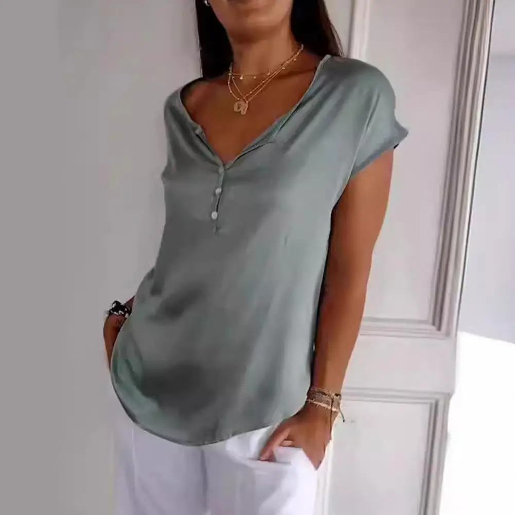 Top de Chenille Decote V feminino, blusa manga raglan, blusa monocromática, manga curta, camiseta pendular, ajuste solto