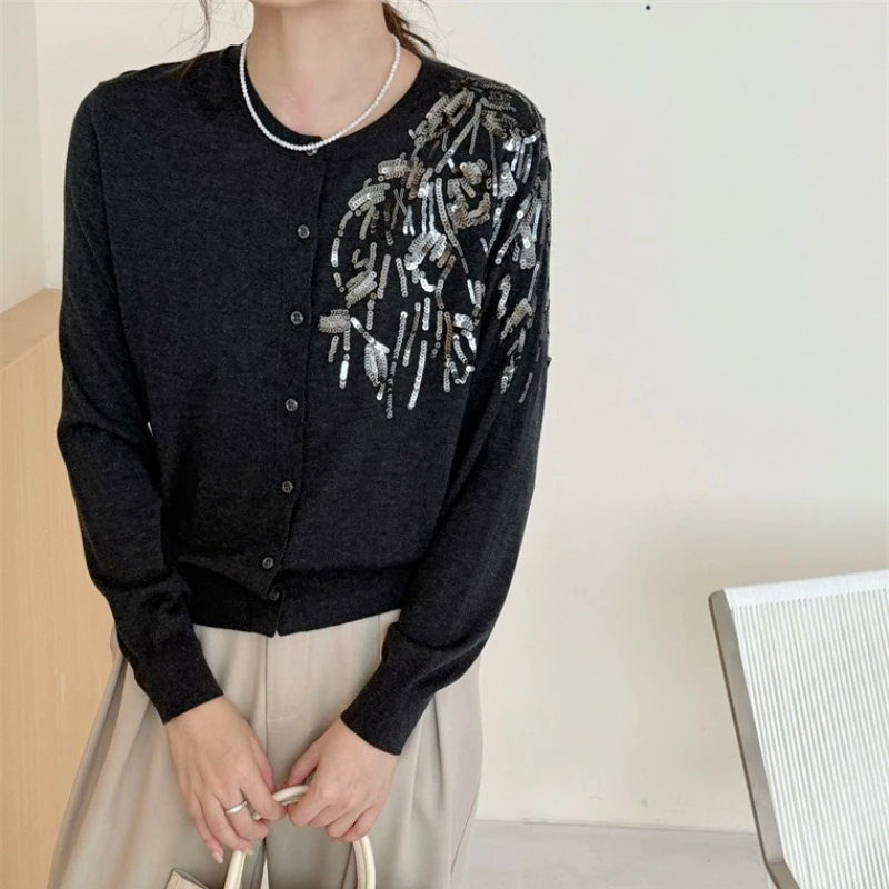 

Осень-зима 2022, новый вязаный кардиган с блестками и вышивкой, женский элегантный стильный свитер с круглым вырезом и длинными рукавами, пальто, женский джемпер
