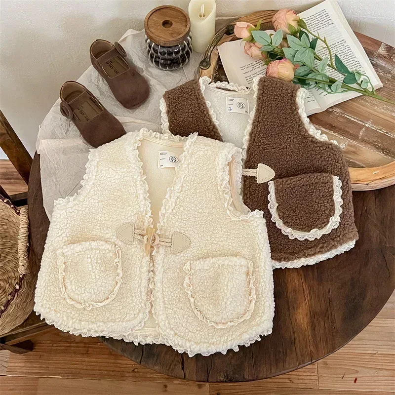 Girls Vest 2024 New Baby Autumn and Winter Cardigan Vest Baby Sleeveless Vest Coat Korean Simple Style Clothes Top Fashion