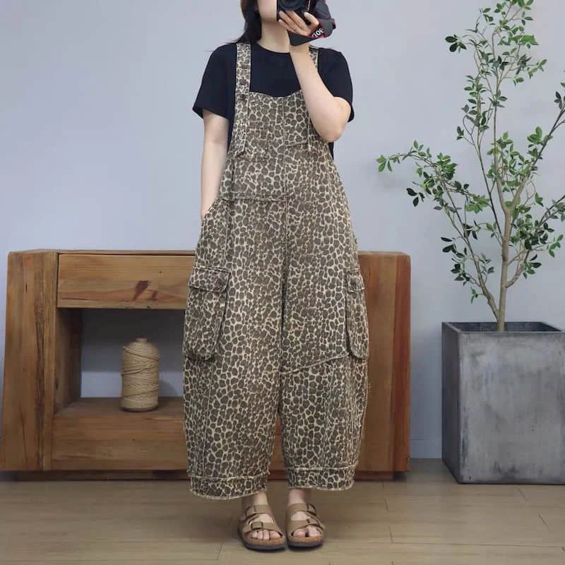 จั๊มสูทเดนิมสำหรับผู้หญิง สไตล์เกาหลี ชุดรอมเปอร์ลำลอง วินเทจ ชุดเพลย์สูท กางเกงขายาวทรงตรง สีตัดกัน ลายเสือดาว เสื้อผ้าผู้หญิง