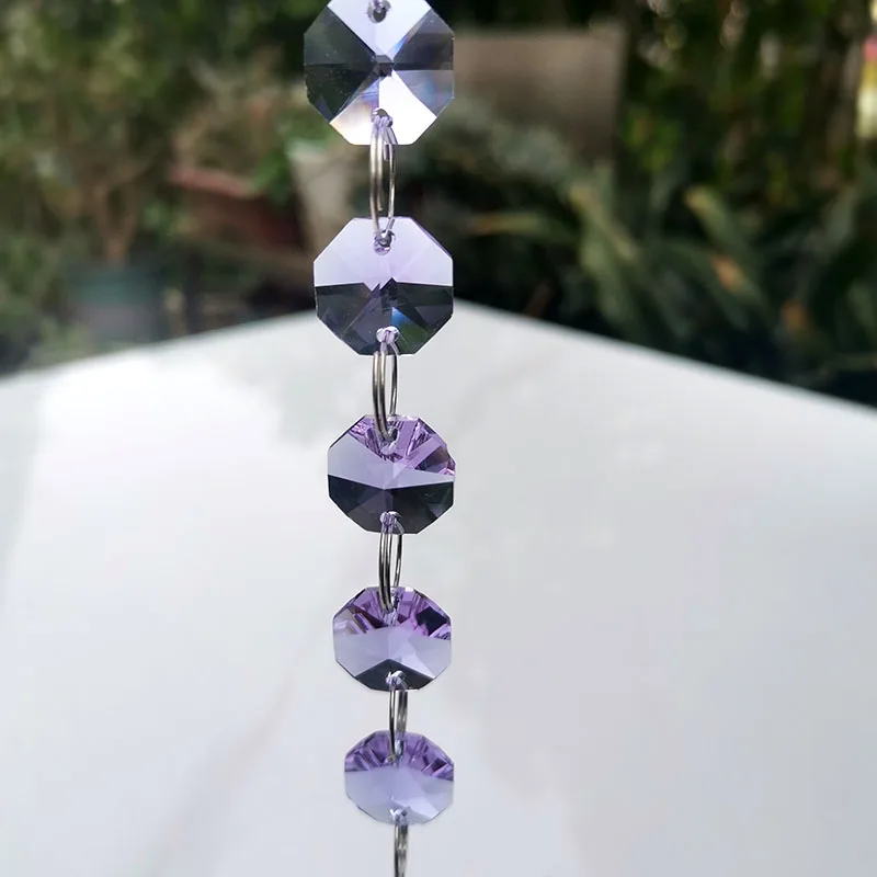 14mm Crystal Prism 2Holes Purple Octagon Beads Prisms Suncatcher Chandelier Parts Glass Octagonal Chain Garland Hanging Ornament