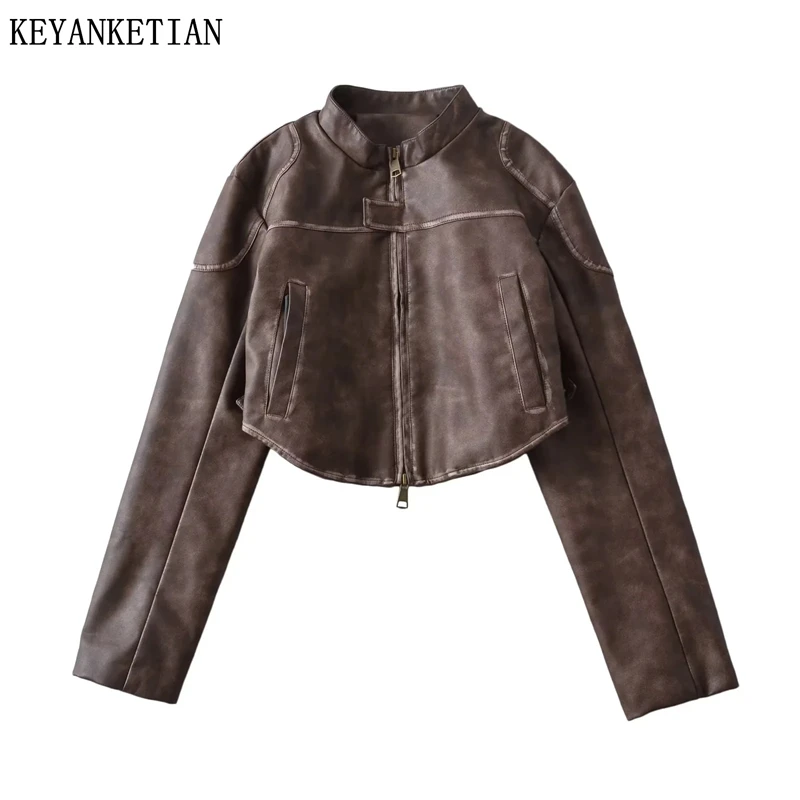 KEYANKETIAN 2025 Autumn New Women Artificial leather jacket Street style Seam Detail Decoration Stand collar Zipper Crop Blazer