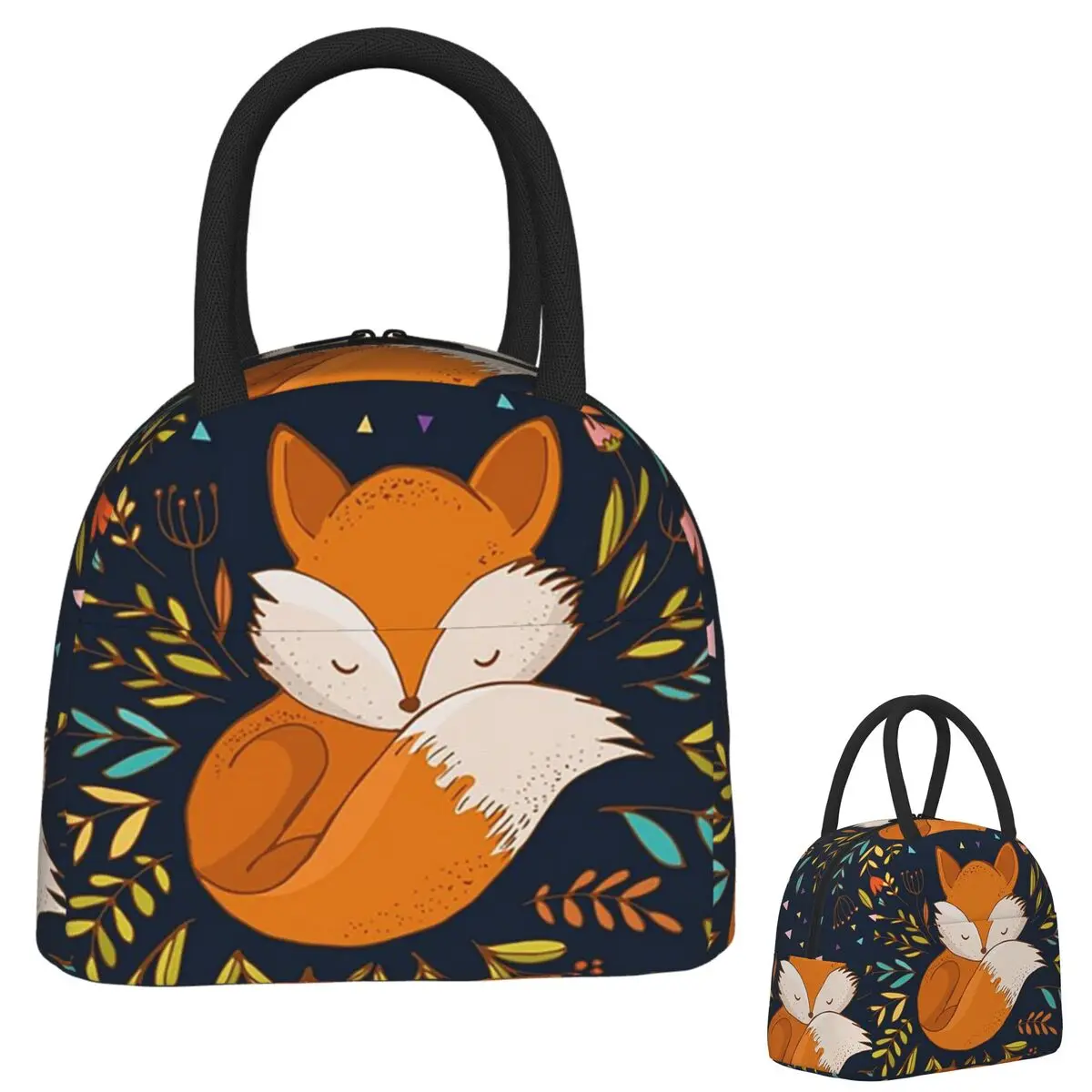 

Cute Fox Flowers And Triangles Lunch Bags Insulated Bento Box Portable Lunch Tote Picnic Bags Thermal Bag for Woman Student