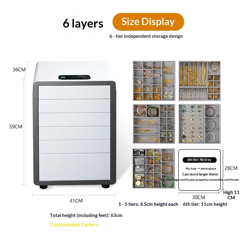Extra Large Secure Storage Cabinet 6-drawer Jewelry Safe Box for Home Fingerprint Jewelry Organizer Password Lock