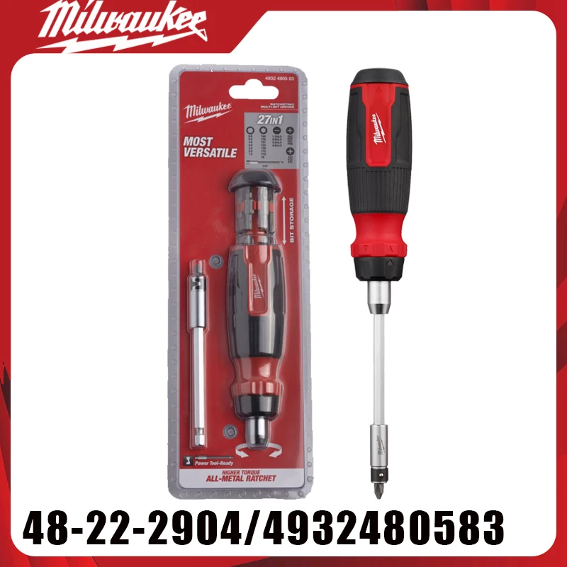 

Отвертка-трещотка Milwaukee 27-в-1 48-22-2904/4932480583, цельнометаллическая, с высоким крутящим моментом, сменными насадками, удлинителем и кейсом для хранения