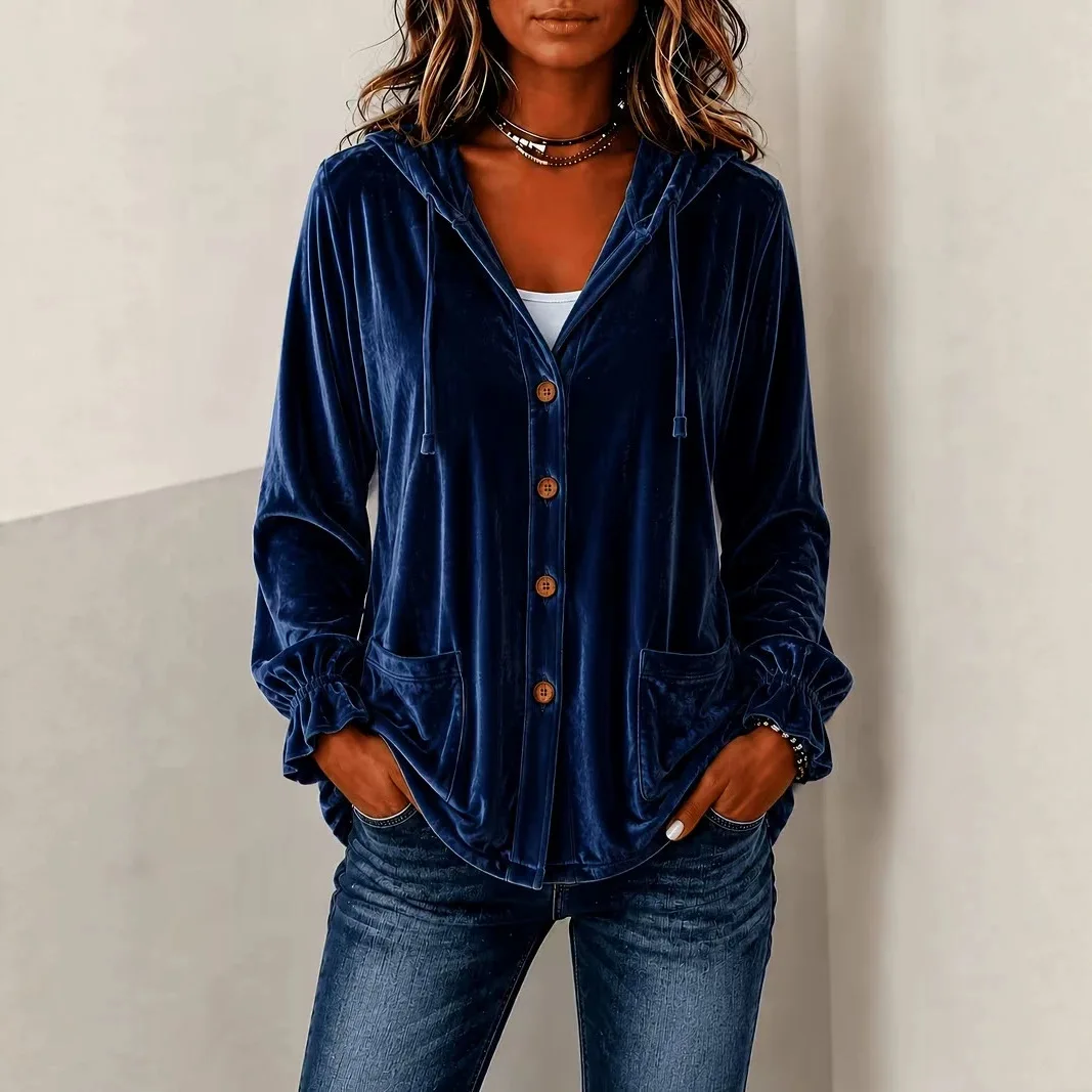 New Fashion Women's Velvet Hooded Jacket Full Button Long Sleeve Pocket Loose Fit Trendy Elegant Commute Casual Daily Wear Coat