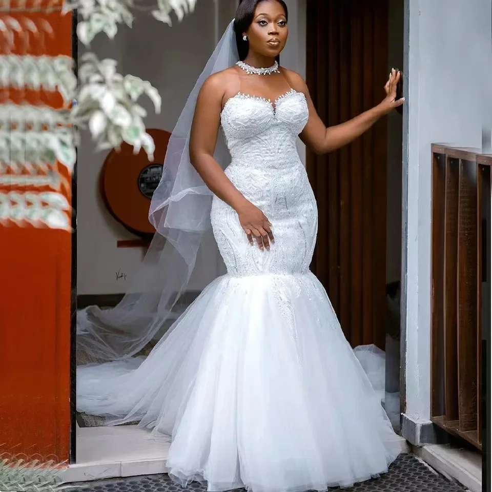 Customized One Piece Custom Made Lace Fabric Bridal Clothing Slim-Fit Sleeveless Tulle African Mermaid Wedding Dress