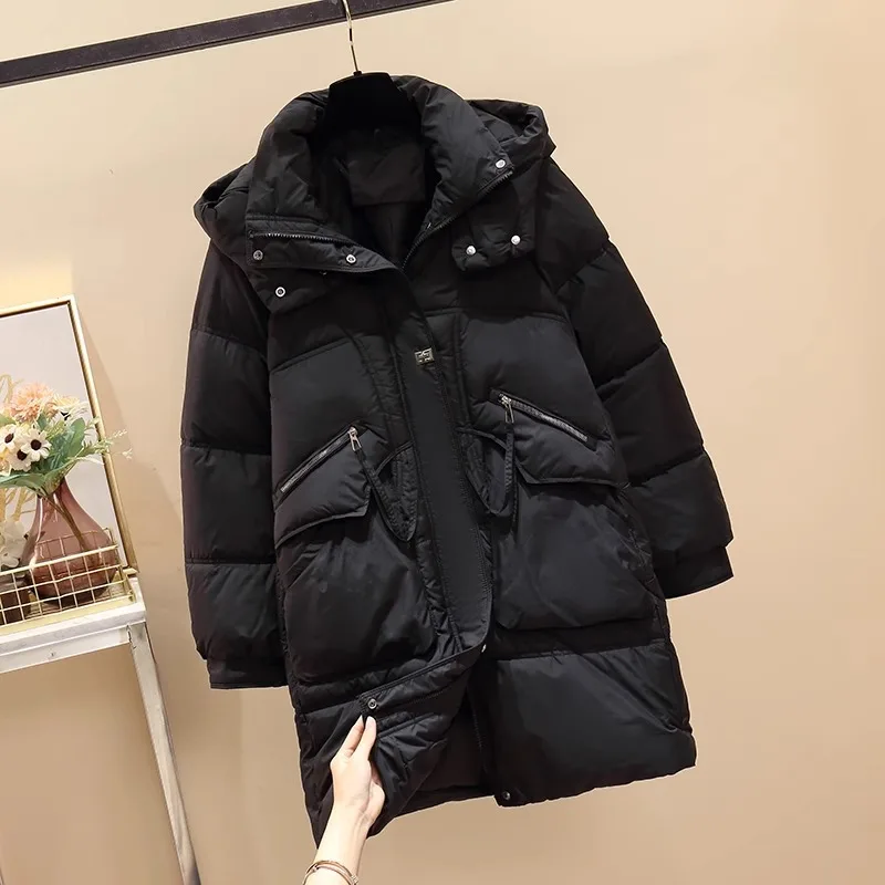 Parkas Women Mid Length Coats Hooded Zipper Jackets Thick Warm Y2k Streetwear Elegant Jacket Work Casual Loose Autumn Winter