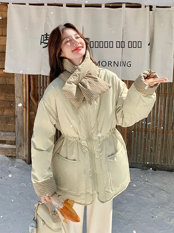 

Ретро-шарф в клетку, женская короткая пуховая куртка, зимняя модная корейская утепленная верхняя одежда с эффектом похудения, на молнии, с длинными рукавами