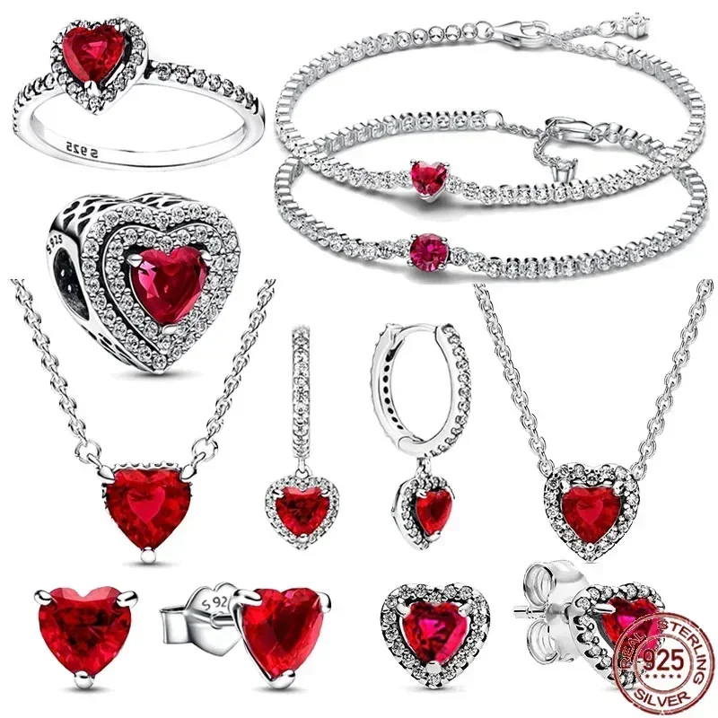 

New 925 Sterling Silver Shiny Classic Red Heart-shaped Ring Necklace Bracelet Exquisite Luxury Charm Jewelry fit DIY Party Gifts