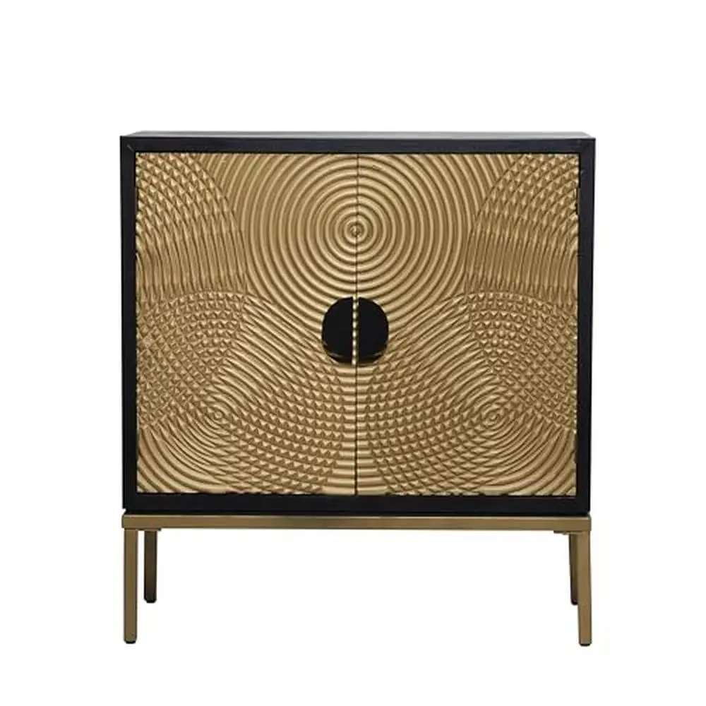 

Contemporary Wood Accent Cabinet with Geometric Carved Paneling and Moon-Shaped Handles 30"x14"x33" Bronze and Black Stylish