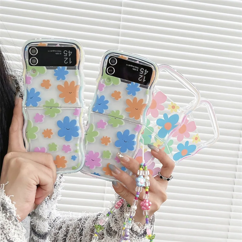 Samsung Galaxy Z Flip 7 6 5 4用 マルチカラーフラワー फोनケース、ZFlip5 ZFlip6 ZFlip7用保護バックカバー ケース シェル