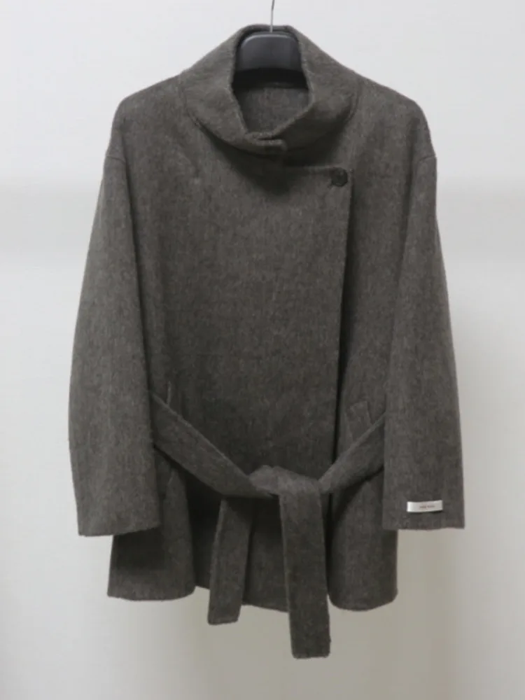 معطف قصير من مزيج الصوف للسيدات من ZMEENNA بياقة واقفة وأزرار لأعلى وحزام خصر أنيق ودافئ ملابس خارجية للشتاء ZM4640