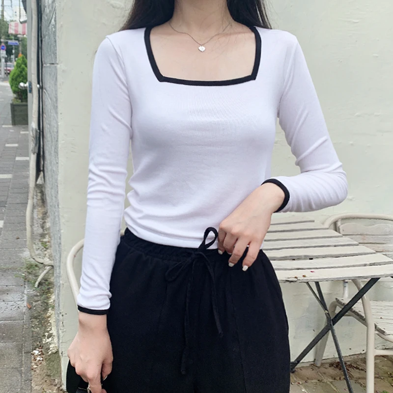 [Manca] Women's Neo Square Neck Long Sleeve Tee Slim Stretch Long Sleeve T-Shirt