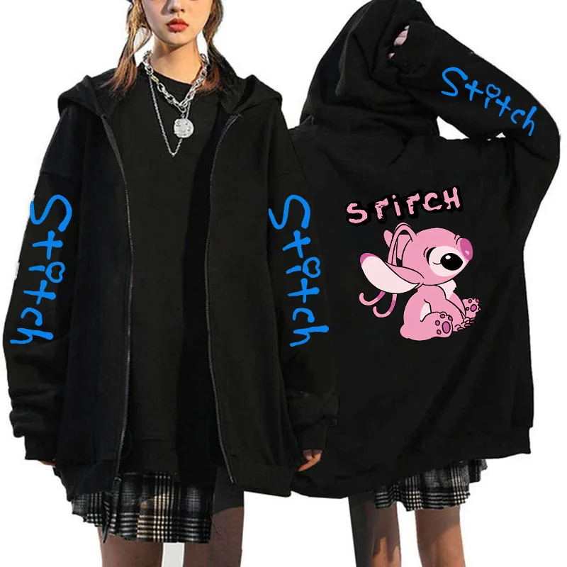 Oversized Sweater Women\'s Clothing Free Shipping Disney Lilo & Stitch Pattern Zip-Up Hoodies Autumn Winter Long Sleeve Warm Coat