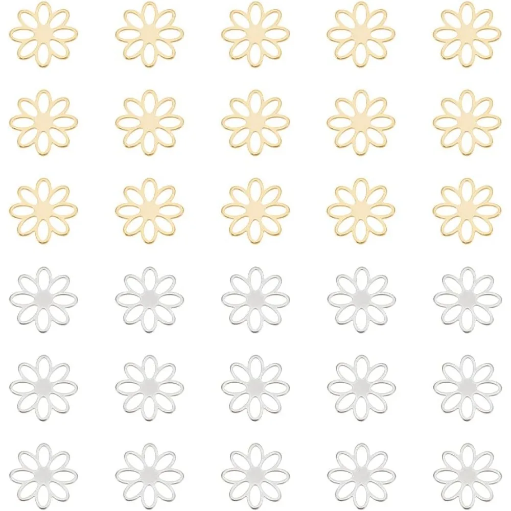 

30Pcs 2 Colors Stainless Steel Connector Charms Flower Linking Pendants Metal Hollow Charm Bracelet Connector Charm Small Flower
