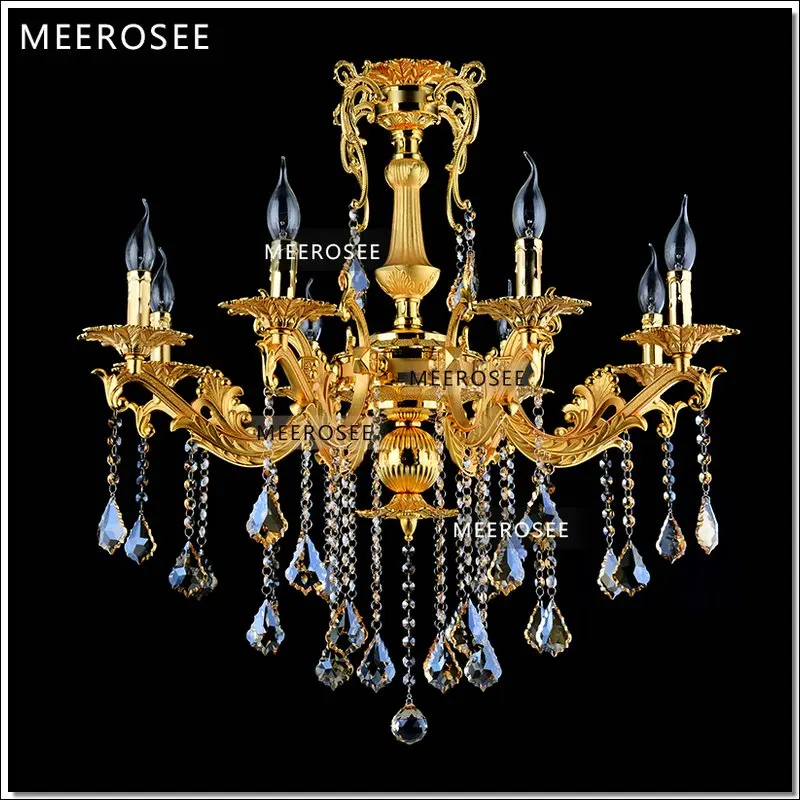 Meerosee Gold Crystal Chandelier Lighting Fixture 8 Arms Classic Metal Pendant Lustre Hanging Lamp for Foyer MD8676 L8