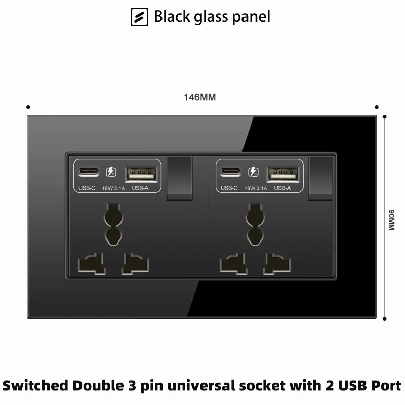 13A Luxury Black Crystal Tempered Glass Sockets 2USB Fast Charge Type C USB Outlets UK Standard