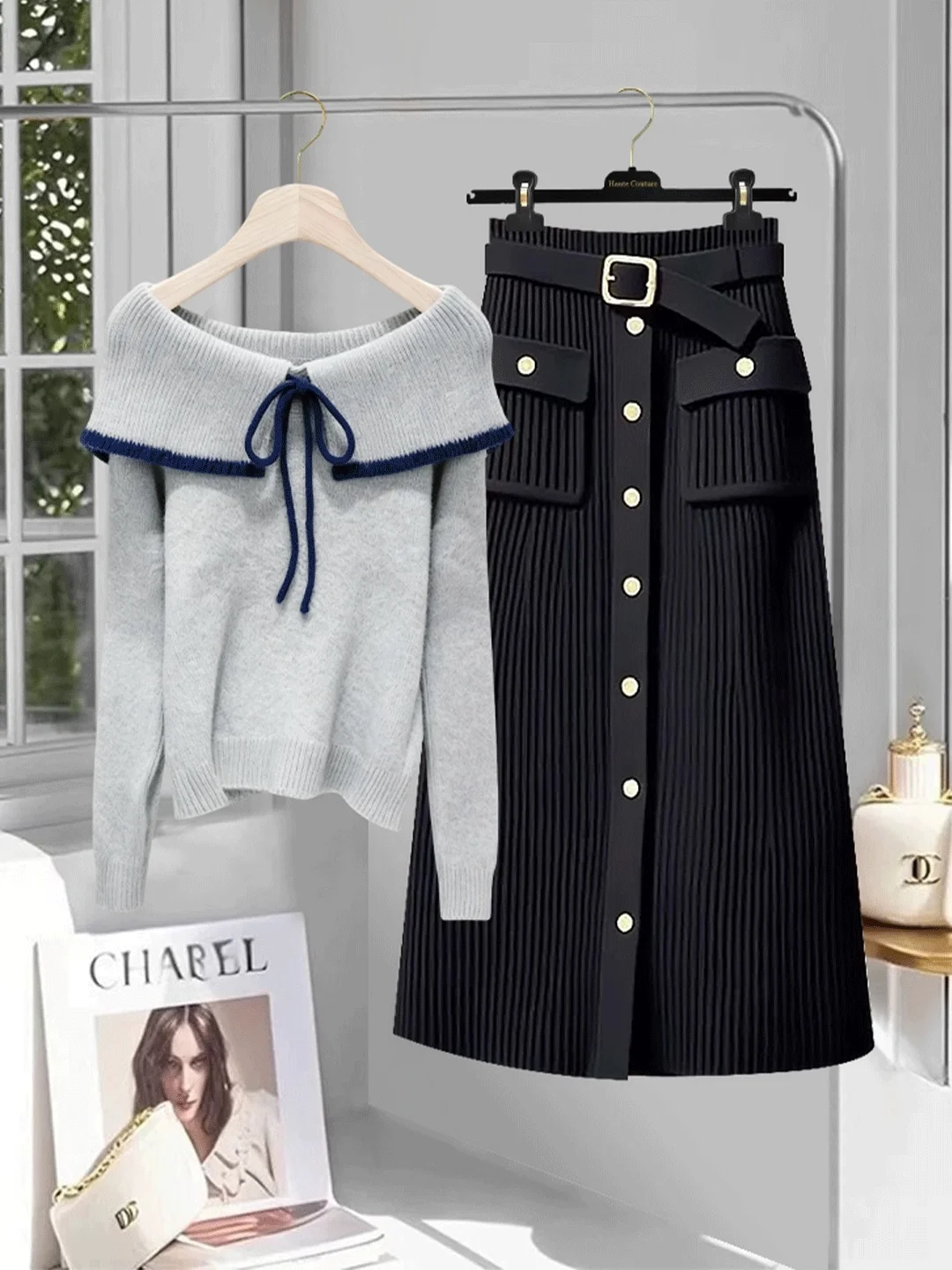 

Корейский зимний наряд, теплый свитер, комплект, женская модная зимняя юбка, костюм из двух предметов, повседневная одежда с узлом