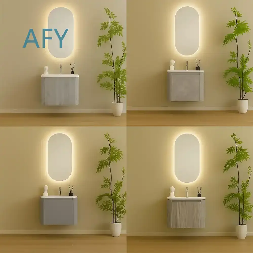 Modern Rounded Gray PVC Bathroom Vanity with Oval LED Mirror and Base Sink for Bathroom Vanity for Home for Small Bathroom