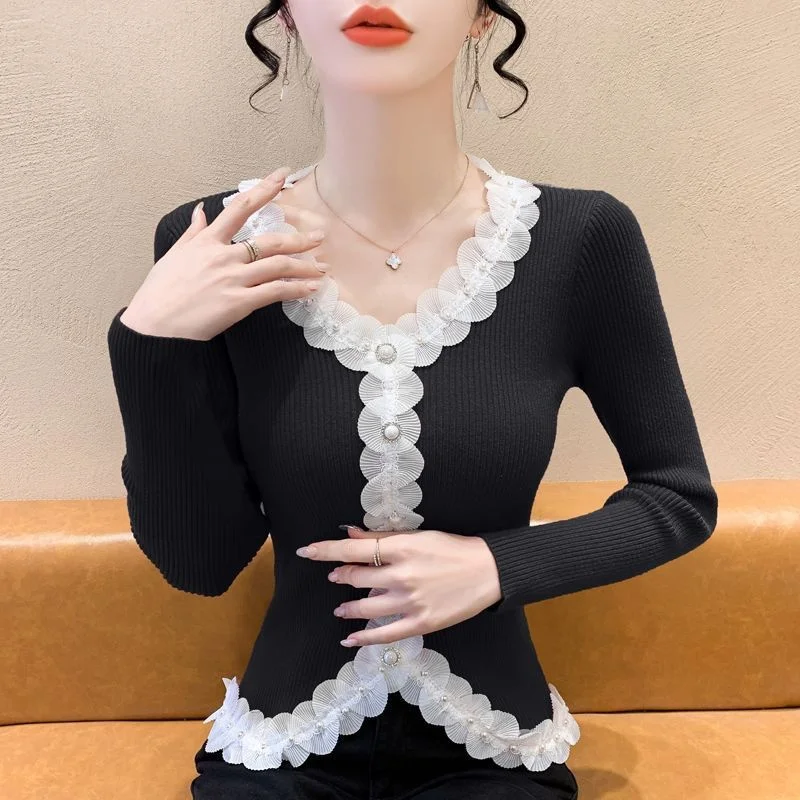 Printemps automne mode nouveau épissage dentelle pull pull femmes 2025 décontracté tout-Match col en v chemise à bascule tricots haut pour femme