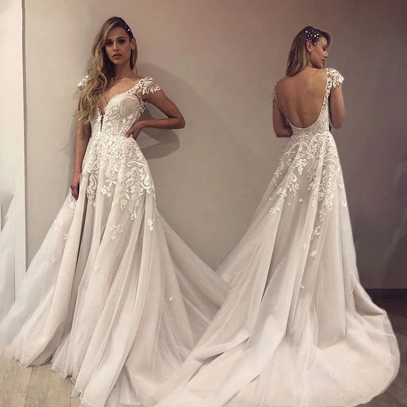 Robe De mariée Sexy en Tulle perlée, dos nu, décolleté plongeant en v, avec des Appliques