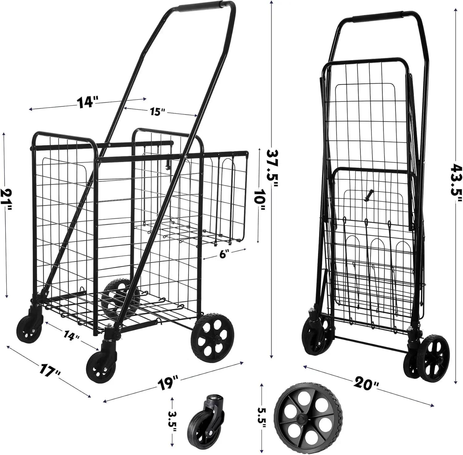 Folding Shopping Cart, Grocery Cart, 200 Lb Capacity, Utility Cart with 360° Rolling Swivel Wheels, Medium & Extra Basket