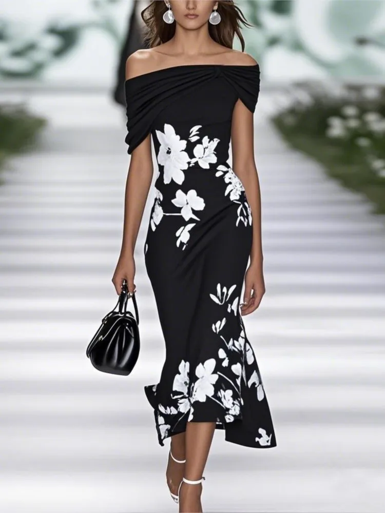 

Elegant Floral Print Dress Lady Fashion Sexy Off Shoulder Short Sleeve Package Hip Dresses For Women Holiday Party Skirt Clothes