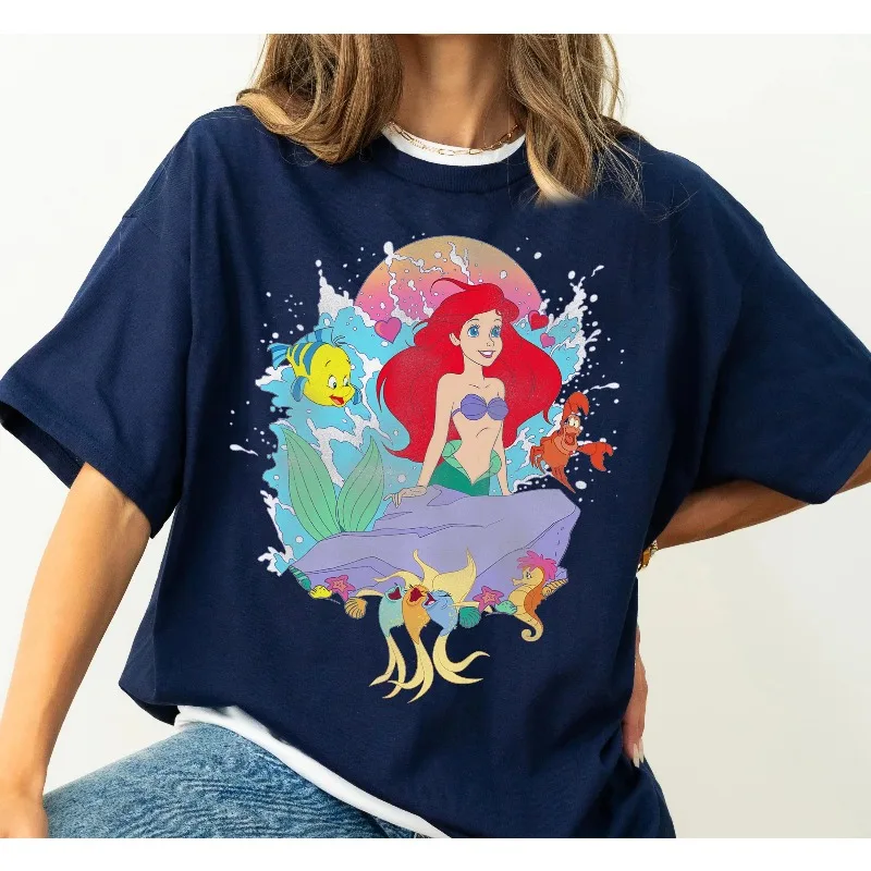 ديزني ارييل الأميرة ليتل ميرميد ارييل رذاذ المرأة القطن تي شيرت جديد الرجال والنساء ملابس عادية موضة الشارع #2
