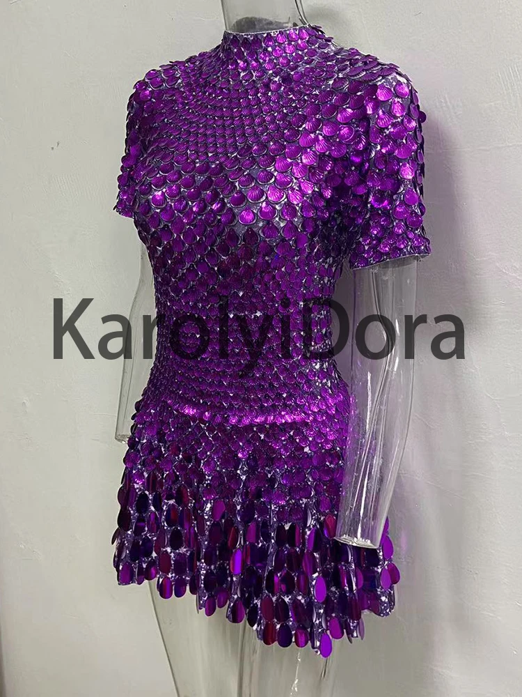 Champagne Shell Sequin Mini Dress High-Quality Performance Nightclub Dance Bodysuit for Birthday Parties