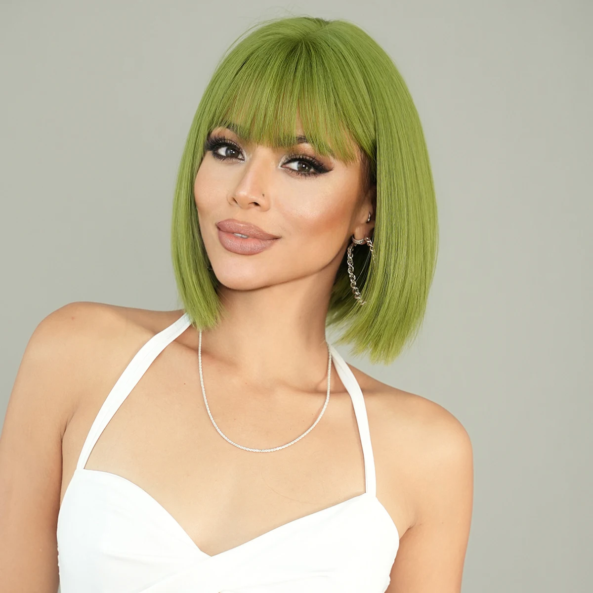 PARK YUN Green Short Bob Wig for Girl Daily Wear Synthetic Wig New Style Natural Supple Summer Heatresistant Wig With Bangs