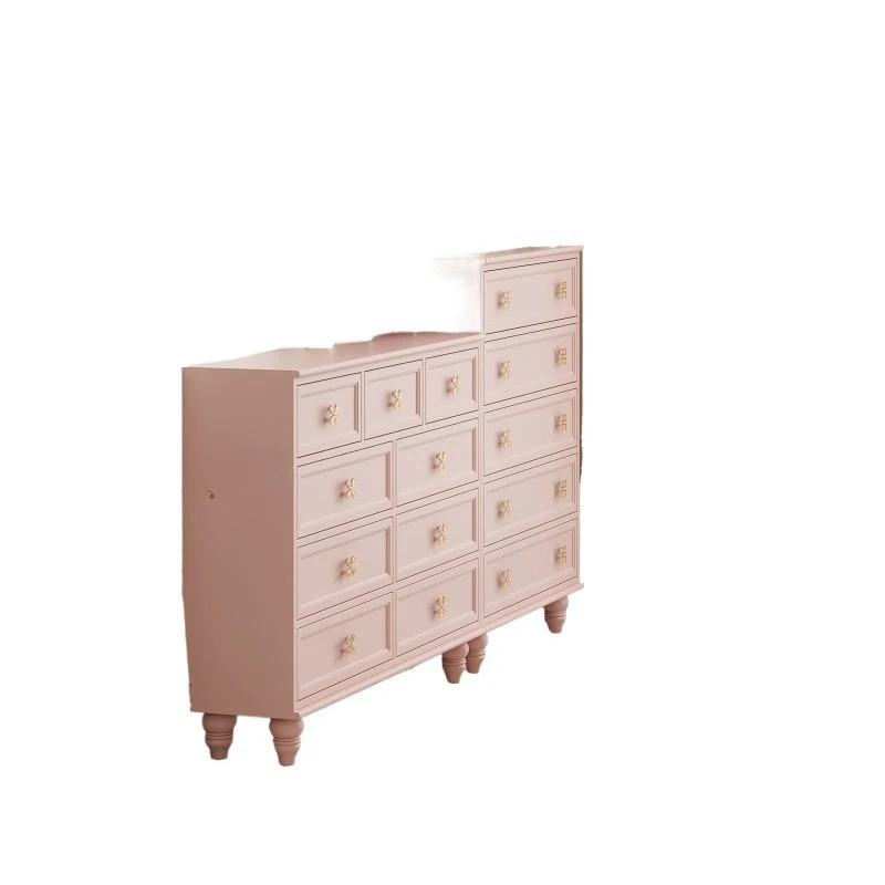 

French cream pink solid wood chest of drawers bedroom bedside cabinet drawer storage combination