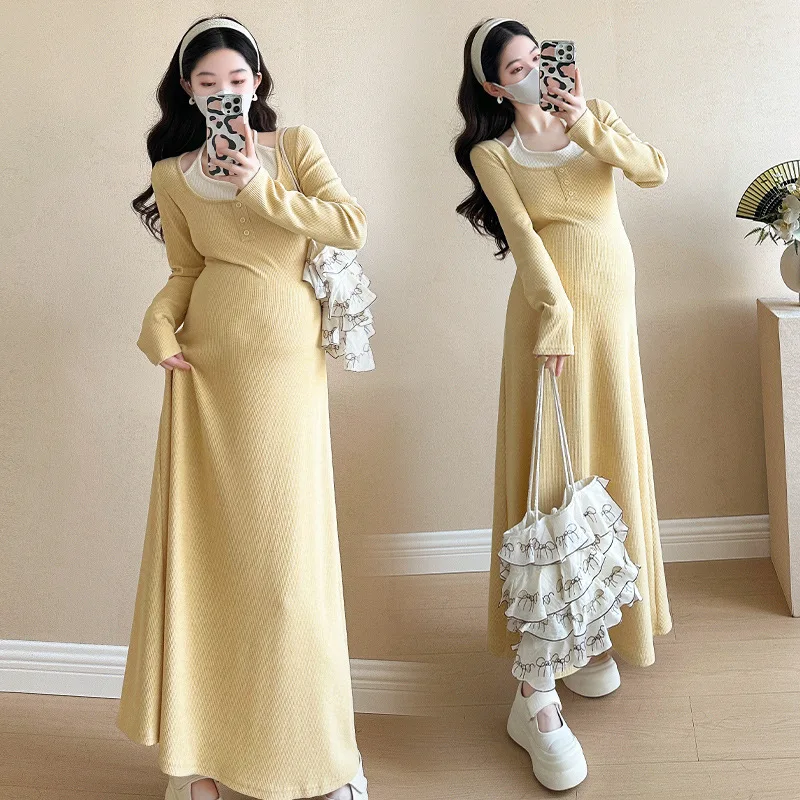 妊婦ドレス 2025 早春新製品甘い韓国スプライシング偽ツーピースニット妊婦ドレス
