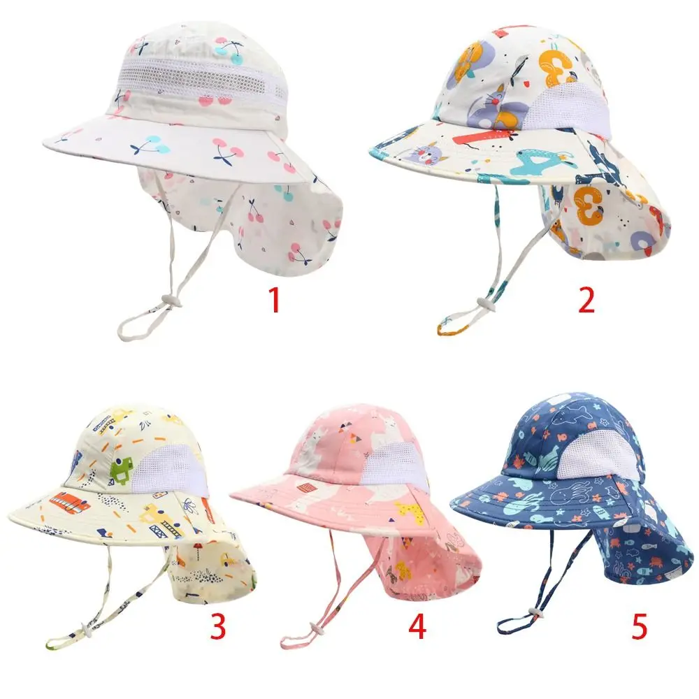 New Children Sun Hat Summer Cartoon Neck Protective Kids Caps Sea Printing Breathable Mesh Bucket Hat Bonnet For Boys Girls