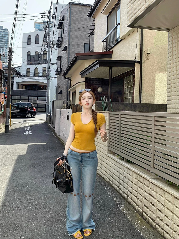 

Low Waist Bell Bot Thin Women's Jeans Vintage Summer Ruffle Hem Doggyqin Denim Pants Slim Fit Casual Long Trousers