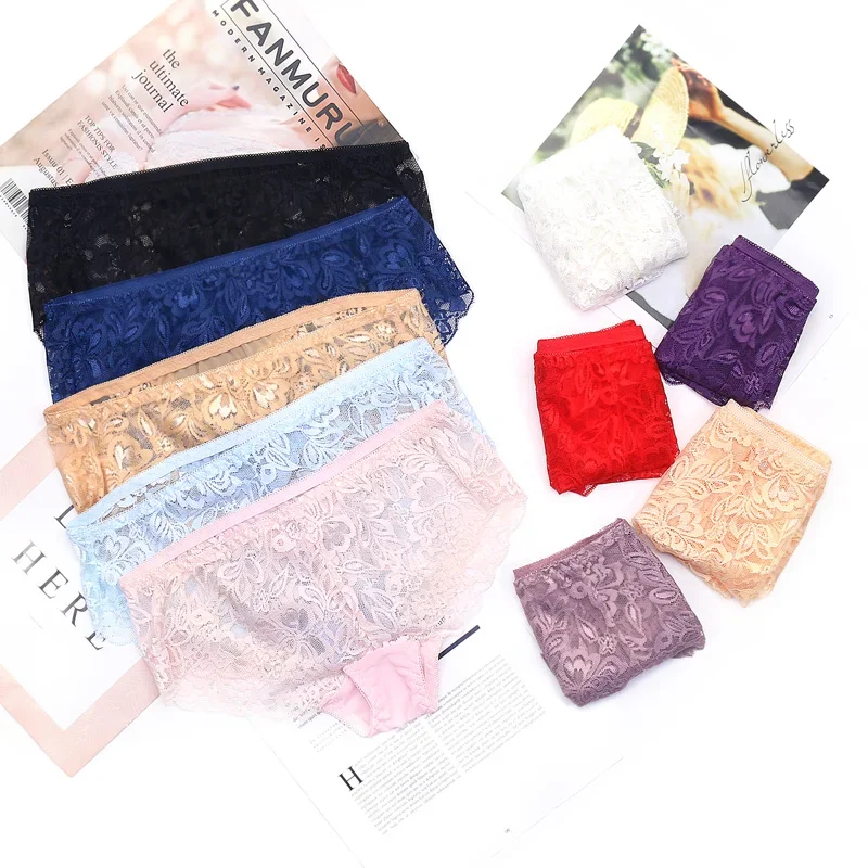 3PCS/Set Ultra Thin Panties for Women Sexy Lingerie Lace Underwear Mesh Plus Size Briefs Transparent Pants Low-Rise Panties L XL