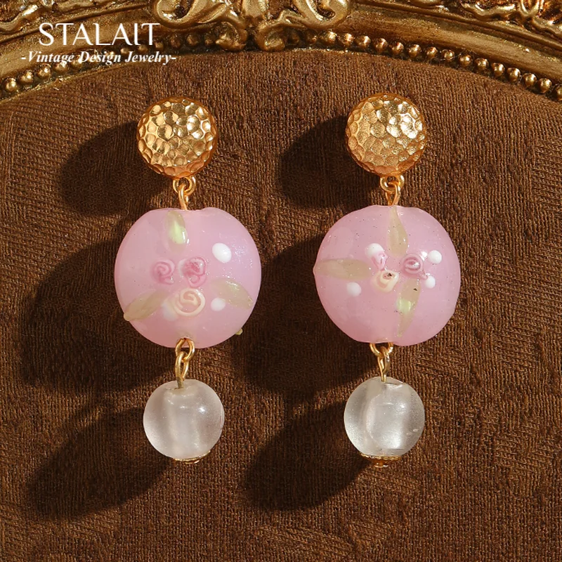 

Vintage Pink Flower Glass Drop Earrings Bead Pendant Gold Color Woman Trend 2025 Valentine Day Gift Luxury Quality Jewelry New