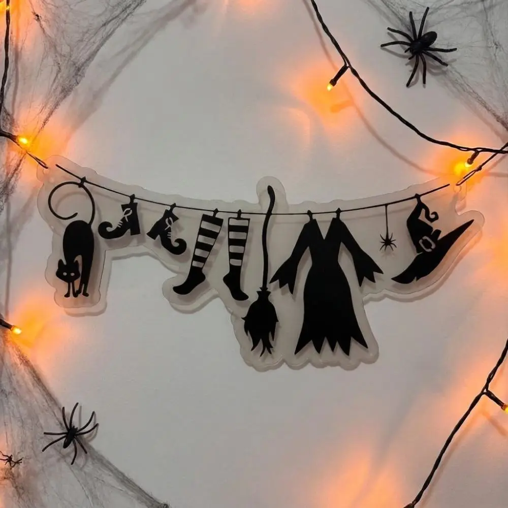Acrylic Halloween Witch Hat Wall Art Black Cat Spider Spooky Witch Cloak Hat Party Bunting Witch Broom Funny Witch Backdrop Wall